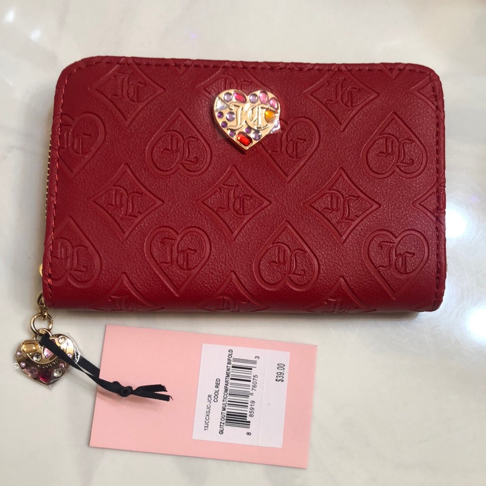 Juicy Couture Cool Red Glitz Out Multi Compartment Bifold Wallet CZ Accents NWT